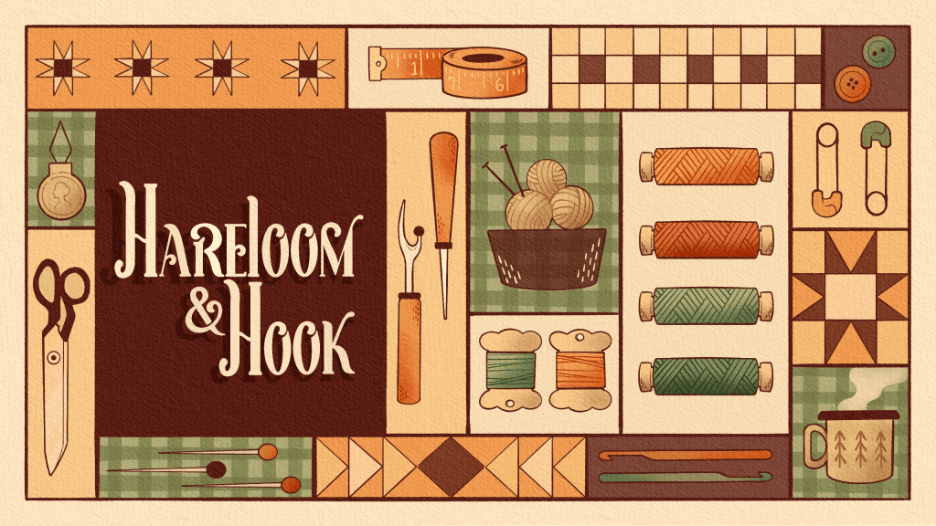 A logo banner with the name "Hareloom and Hook" written in old-timey script. The banner includes an array of squares and rectangles with crafting notions inlucindg: yarn, pins, spools of thread, embroidery floss, buttons, tape measure, scissors, crochet hooks, seam ripper, awl, and a mug with minimalist pine treams with steam coming up 